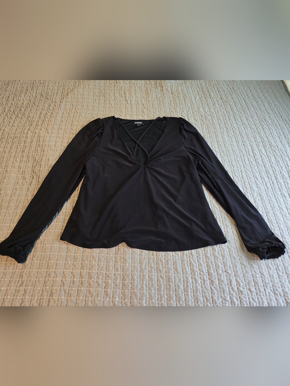 Express Black Long-Sleeve V-Neck Top with Front Strap Detail